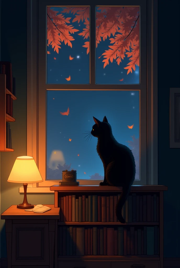 A black cat perched on a bookshelf at night, gazing at the open-air studio {x} Outside the window，autumn leaves spinning outside. illuminated by a table lamp, casts warm light and dramatic shadows. The image combines comfort and mystery, in Ghibli style digital style. emphasizes room texture, warm cold contrast, emotional color grading. 8K details, Super soft brush, storytelling tone.