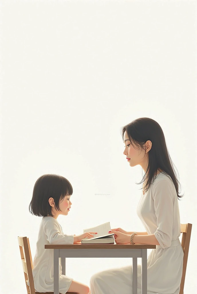 A little boy sits on his mom's lap, as she patiently teaches him to read a book. They are both dressed in comfortable clothing - the boy wears black shorts while the mom is in a white skirt. The scene takes place in a cozy classroom.