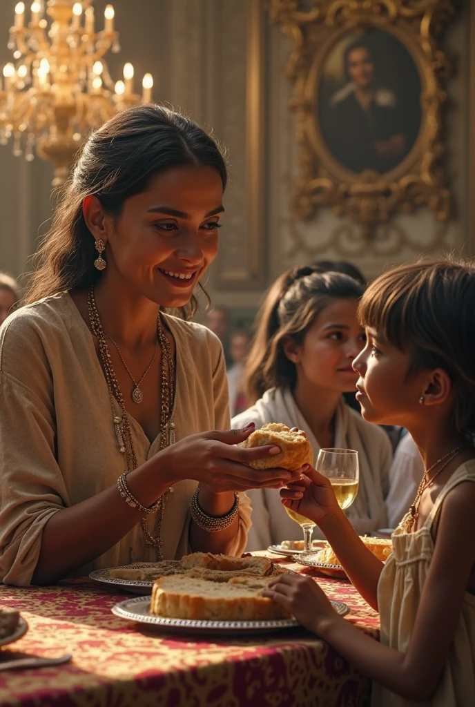 Criar uma imagem ultrarrealista, Super detailed photo of families smiling and eating at a table full of food. Create an image that symbolizes the elimination of hunger and poverty, portraying a world where everyone has access to food, abrigo, e uma chance de prosperidade.