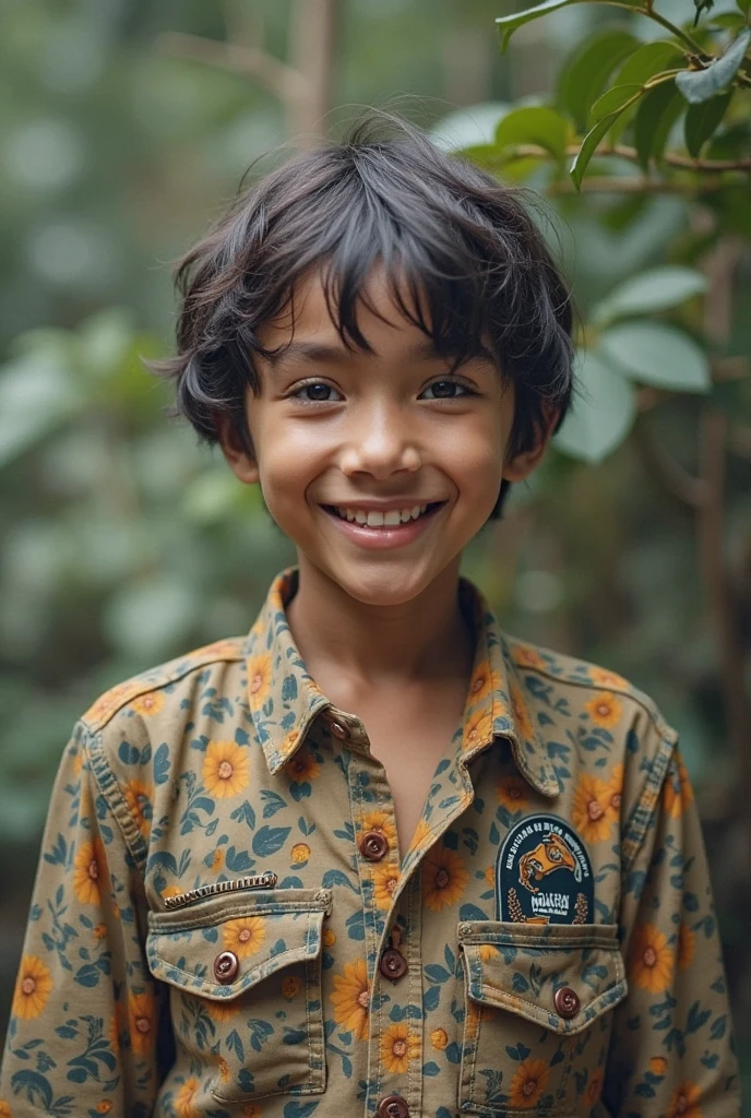 A kid smiling despite the full sun rays shining over his face in a beautiful garden