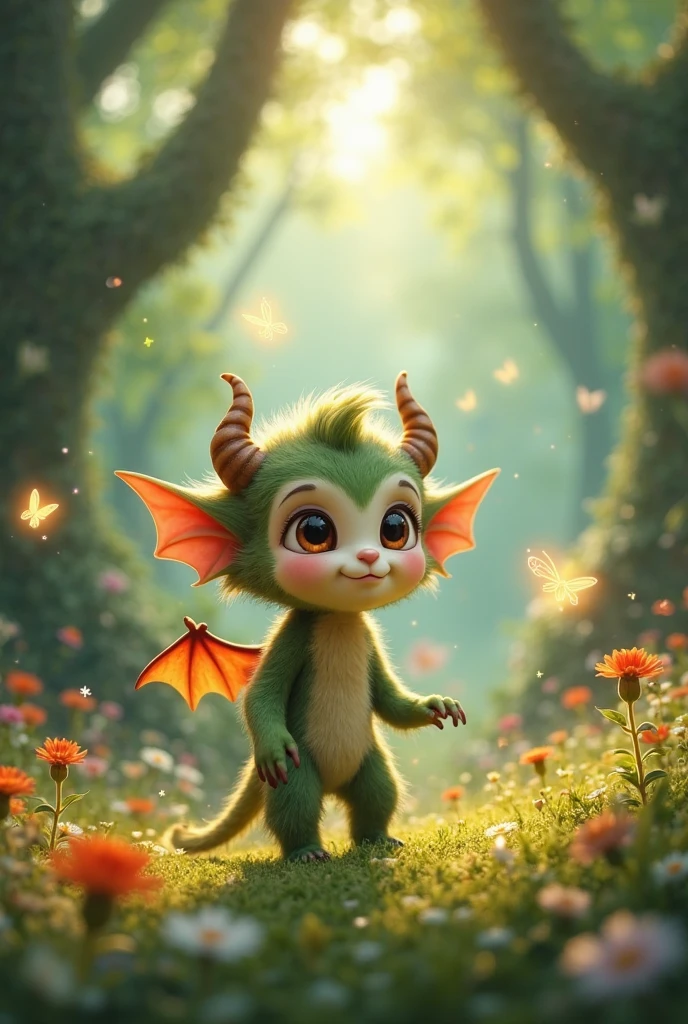 (photorealism:1.2), Dragon hybrid human boy, walking in forest, green wings, brown hair, horns, very cute