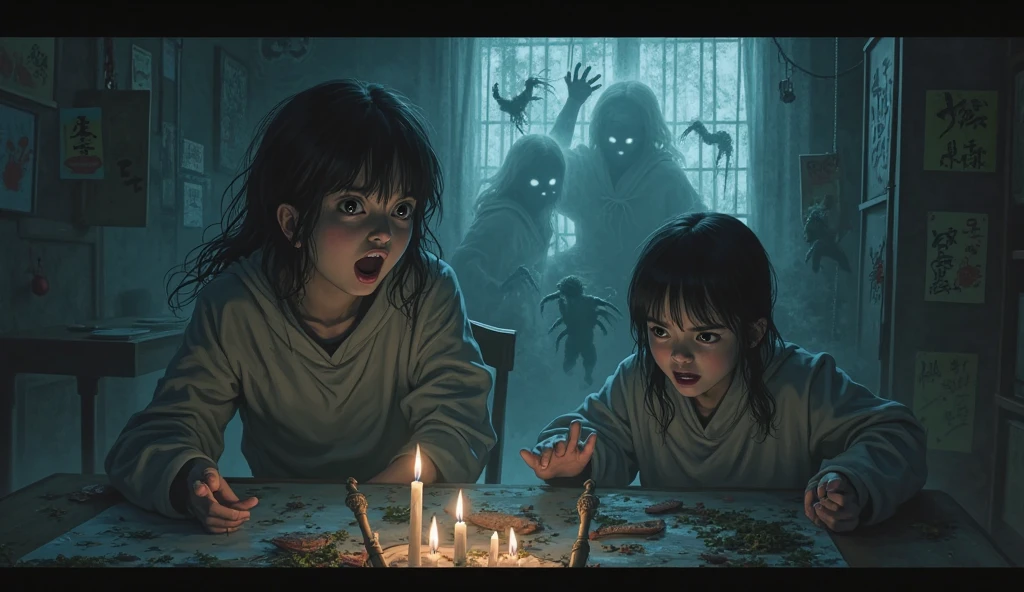 (anime, digital paint, 1 girl frees 1 boy from a wooden cage, scared expression, evil and scary old woman on fire in the background, fire lighting up the room, dark and twisted interior of the candy house, dark and ominous atmosphere with shadows dancing on the walls, walls made of gingerbread and candy, sweets and treats all around, feeling of imminent danger)