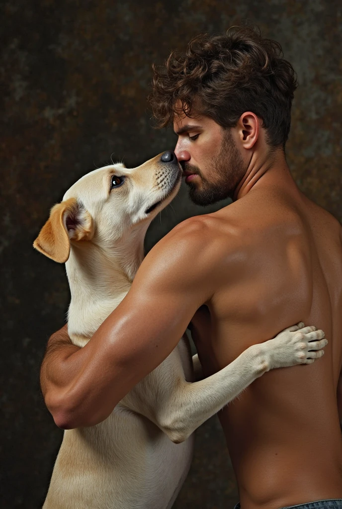 a muscular athletic young man holding a small puppy, 8k highly detailed photorealistic, beautiful detailed eyes, beautiful detailed face, extremely detailed features, realistic lighting, cinematic, warm color tones, natural outdoor lighting
