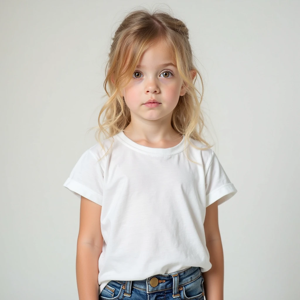 Close up of a young girl in a white shirt and jeans, Long sleeves, Children, front portrait, Gamine, longer sleeves, young girl, mid view, Cute young girl, kid, for kids, Cute girl, 1 / 4 portait, high quality portrait, Portrait image, next gen, White sleeves, mid shot portrait, full product shot, mid portrait