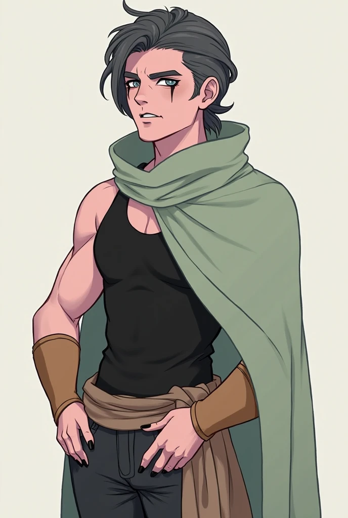 boy has long dark brown hair, has a dark blue cape and a dark grey shirt, looks disgusted, funny expression, masculine features, muscular, looks manly, wearing a normal shirt