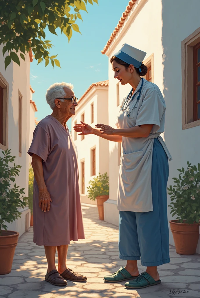 Cartoon of an old nigerian lady being rolled on a wheel chair by a black nurse close to a white ambulance