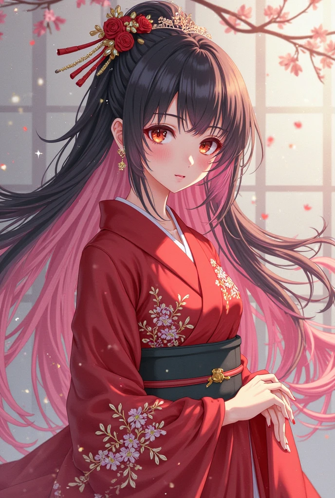 Anime girl with pink and black hair wearing a red kimono - SeaArt AI