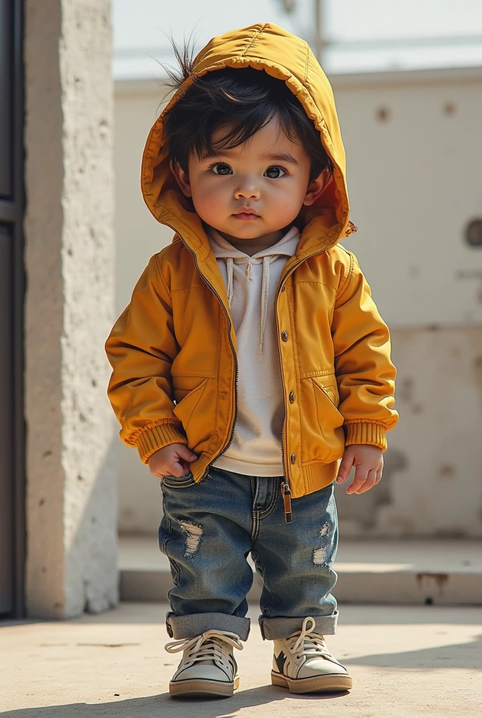 (best quality, 4k, 8k, highres, masterpiece: 1.2) (ultra-detailed, realistic, photorealistic) night scene in a seaport, rainy weather, in a poorly lit street: a little boy in yellow k-way, with his hood on his head, from the back, walks along the boats.