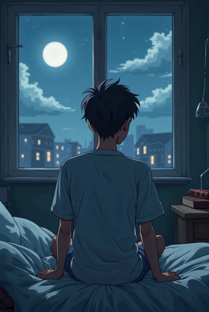 closeup of a little boy seeing outside of the window from his bedroom at night