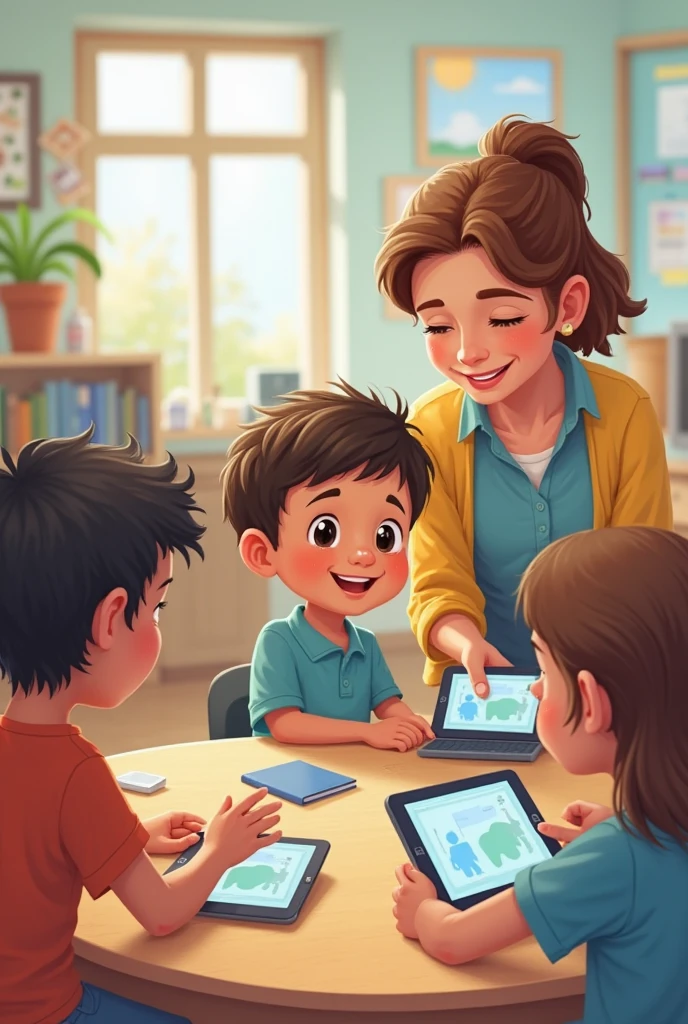 I need illustrations of drawings where technology can be seen in children's learning with instruments such as tablets., smart displays, computers, cell phones and the teacher can be seen