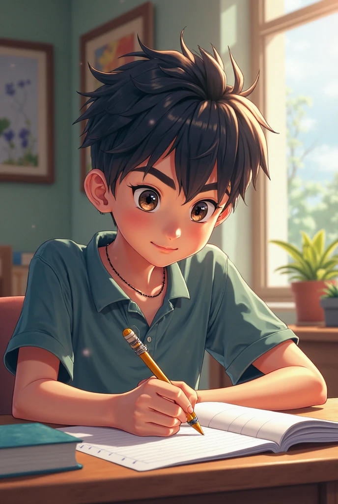 Looking down student writing homework, anime style, male - SeaArt AI