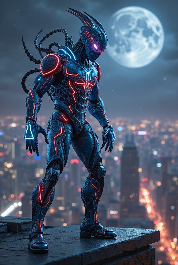 Predator from movies, wearing neon light suit, extremely detailed, futuristic cityscape, nighttime, glowing neon lights, smokes, sparks, metal shavings, flying debris, blue energy effects, volumetric light, sup realistic image,