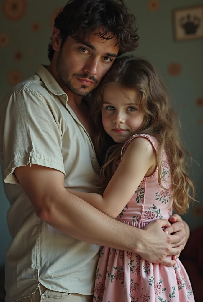 An 8-year-old daughter wearing a pink nightgown is held by her 30-year-old father...............//Daughter takes father's hand and lets him grope her breasts..