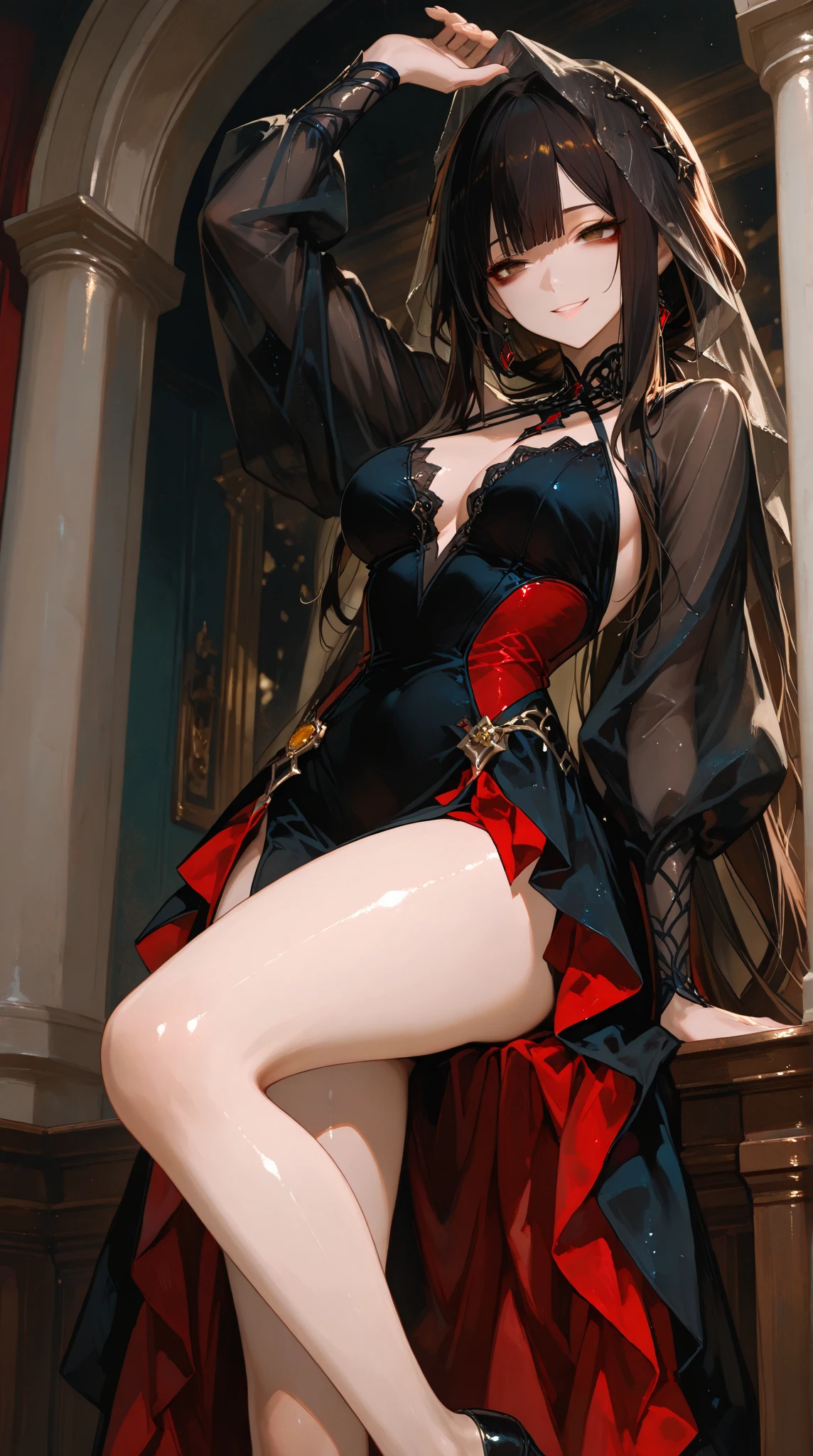 best quality, masterpiece, highres, 1girl, hanfu, white and even teeth, red irises, chinese underwear, hair ornaments, necklace, jewelry, crown jewelry. Pretty face, full body, magic import style, tyndall effect, photo realistic, dark studio, border light, two tone light, (high detail skin: 1.2), 8k uhd, dslr , soft light, high quality, volumetric light, candid, Photo , high resolution, 4k, 8k, Bokeh, (light pink lips), 1 beautiful demon from hell, In the Dark: 1.6 ), surreal full-body women by David Hockney and Alphonse Mucha, fantasy art, photorealism, dynamic lighting, station art, posters, volumetric lighting, highly detailed faces, super 8k, Awarded, in the dark, dark, low light, cowboy lens, (red phoenix shirt: 1.4), long hair, black hair, bust, palace luxury, royal style family, devil's crown, red eyes with very sharp and detailed makeup, Best face, Very round and firm breasts, Surrealism, chinese women's clothing, turtleneck lace polo shirt , charming smile, Pretty eye makeup, guweiz, devil style, black lace socks, mesh stockings with hooks on panties, long lace polo nightdress with thin red black deep chest cutout, ponytail with bow on the back, dark red lips, Devil tattoo on shoulder, overcast and thunderous landscape, (full body), Close-up of main character, (Background detail 1.8), lace-up socks, medium-sized butt,