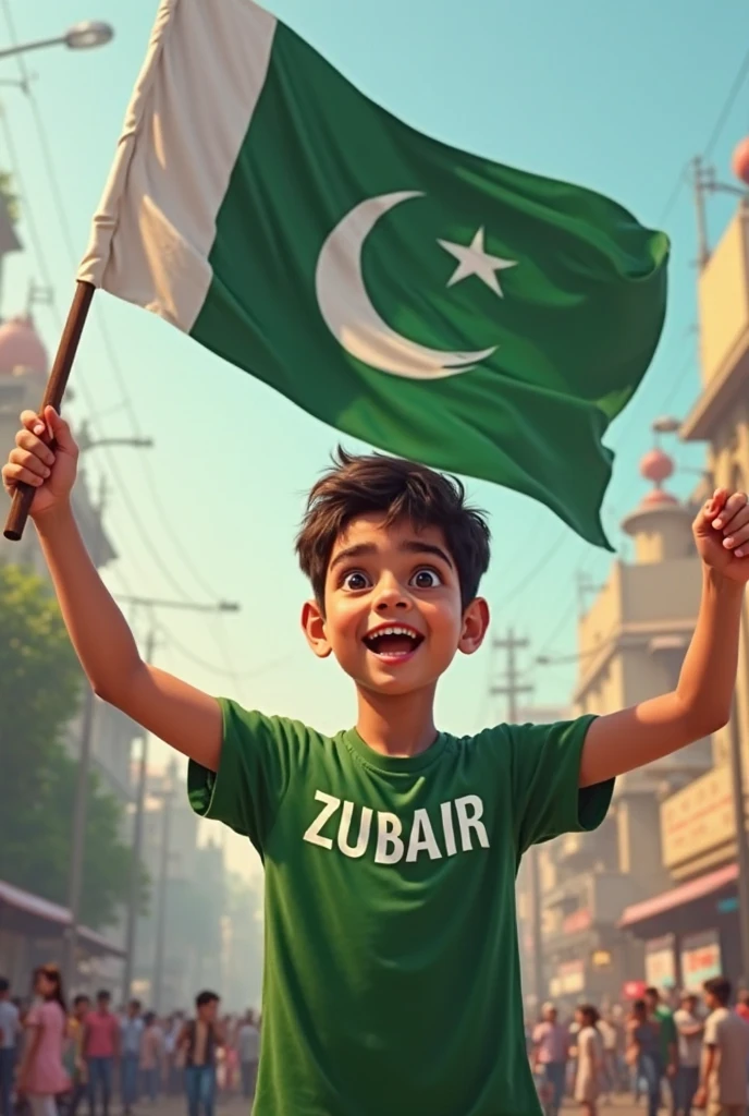 boy with in Palestine t shirt and hold Pakistani flag . faisal name on shirt