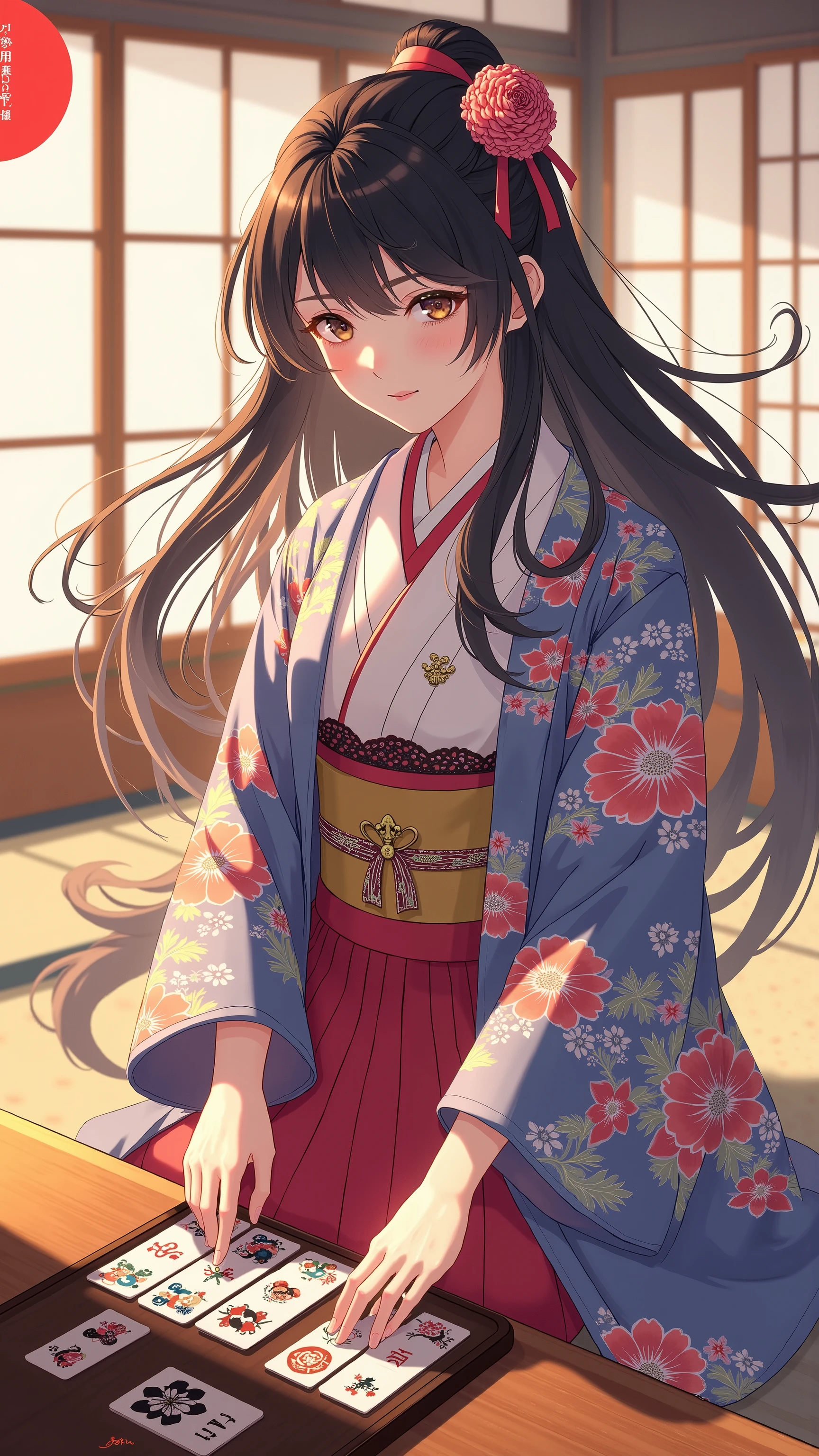 highdefinition image、A beautiful image of a girl wearing a haori hakama competing in a karuta tournament