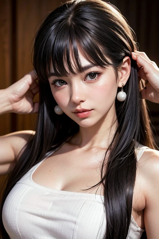 best quality, detailed, beautiful, insanely detailed, absurdres,perfect ???????,
Japanese female,black hair,27 years old,
(slender),
(small breasts best quality),
art gallery, serious look, walking, white dress, with a painting