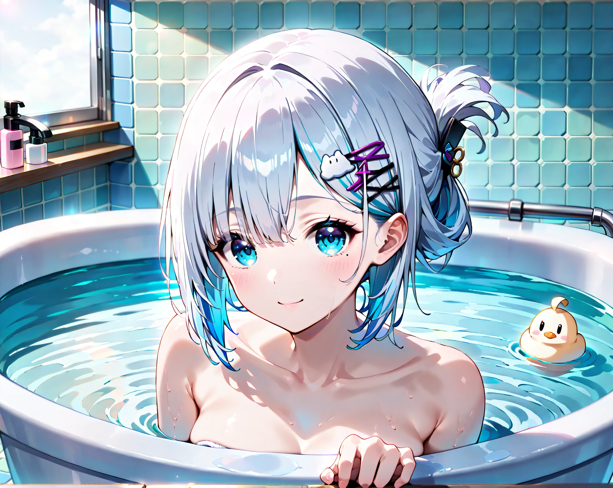 ((masterpiece)), ((best quality)), (ultra-detailed), bath, a cute girl, 1girl, solo, Micro Bikini 00, ((beautiful eyes)), smile, beautiful silver hair