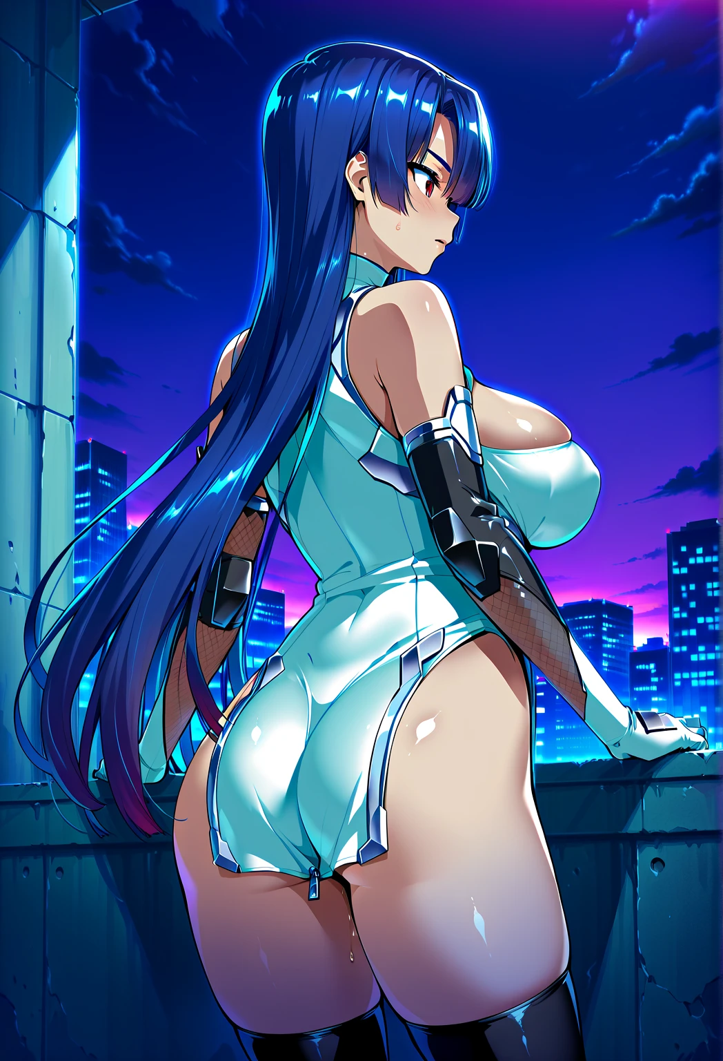 haveรายละเอียดมาก, clear, beautiful body, Beautiful nose, Beautiful character design, perfect eyes, perfect face, very high, 4k, Beautiful legs, perfect legs, good hand, perfect hand, Masterpiece, best quality, haveรายละเอียดสูง, illustration, nonsense, perfect anatomy, street fighter, doll set, Chadaloo Doll, doll set, expressionless, ดวงempty eyes, look at viewer, red gloves, Emotionless, black Latex, corruption, mind control, female warrior, full body, hypnotized, ความมึนงงที่ไม่haveความสุข, full body suit, ชุดบอดี้สูทแบบhaveจั๊ม, Both arms are at the sides., obey, perfect woman's body, extremely glossy Latex, hypnosis, Hipnolora, empty eyes, mind control device, Poses, give up_Pose, slave, stand straight, stand, stand at attention, have, necktie, belt, Latex, ชุดบอดี้สูทแบบhaveจั๊ม, thigh high, garter belt, fighting posture, Extend your right arm away from your shoulder into the air with your hand straight., soldier, Ankle boots, 1 girl, hair accessories, (((pixel perfect, perfect details))), alone, Umika Konohoshi, blue hair, long hair, conjunctivitis, small breasts, Hoshikuzu Telepath, มุมLooking from behind, Looking from behind, is