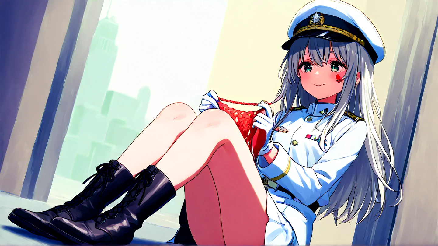 (masterpiece:1.2, best quality), 1girl, young teen, slim, white military outfit, white pleated skirt, (skimpy mini skirt:1.3), skirtlift, upskirt, (no panties), military hat, space cadet, smile, blush, sitting by navy ship, futuristic, anime minimalist, watercolor, (hairy pubes:1.3),