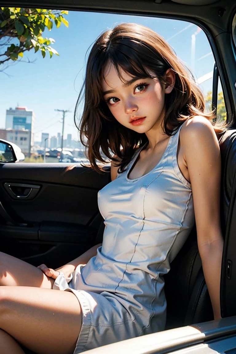 (masterpiece),(best quality:1.0), (ultra highres:1.0), detailed, 1 young girl, blue sundress, golden hour, detailed beautiful skin, (sitting in a car), detailed eyes