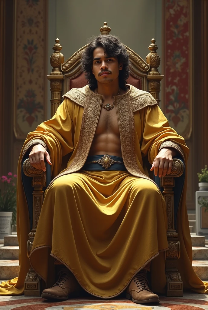 A handsome handsome man shirtless wearing gold pants sitting on a skinny white skin king&#39;s chair in the desert palm tree behind a lake and a peacock with two leopards at his side