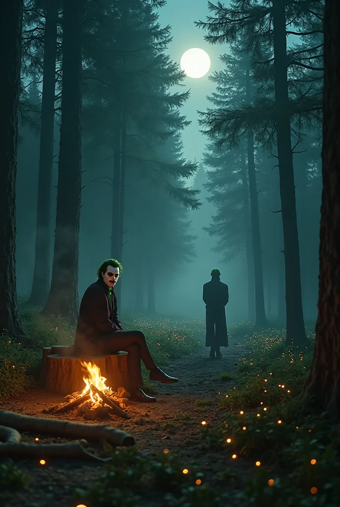 
"Ultra-realistic cinematic portraits and wide-shots of Joaquin Phoenix as the Joker, in full Joker makeup and green hair, set in a mysterious forest at night. Multiple compositions: standing beneath tall trees with moonlight filtering through the branches; sitting calmly on a tree stump near a small campfire, the warm orange glow lighting his face; walking along a narrow forest path surrounded by hundreds of glowing fireflies; standing motionless in dense fog with faint moonlight creating a ghostly silhouette. Outfits vary between a dark emerald green suit, a slightly worn white suit, a black overcoat, and a charcoal-gray suit, all fitting the nighttime setting. Mist drifts across the forest floor, and soft beams of light break through the trees, creating deep contrasts and cinematic shadows. His expression is always serene, contrasting with the quiet, mysterious atmosphere. Hyper-detailed textures, realistic lighting, cinematic depth of field, and atmospheric effects such as fog, glowing embers, and fireflies."