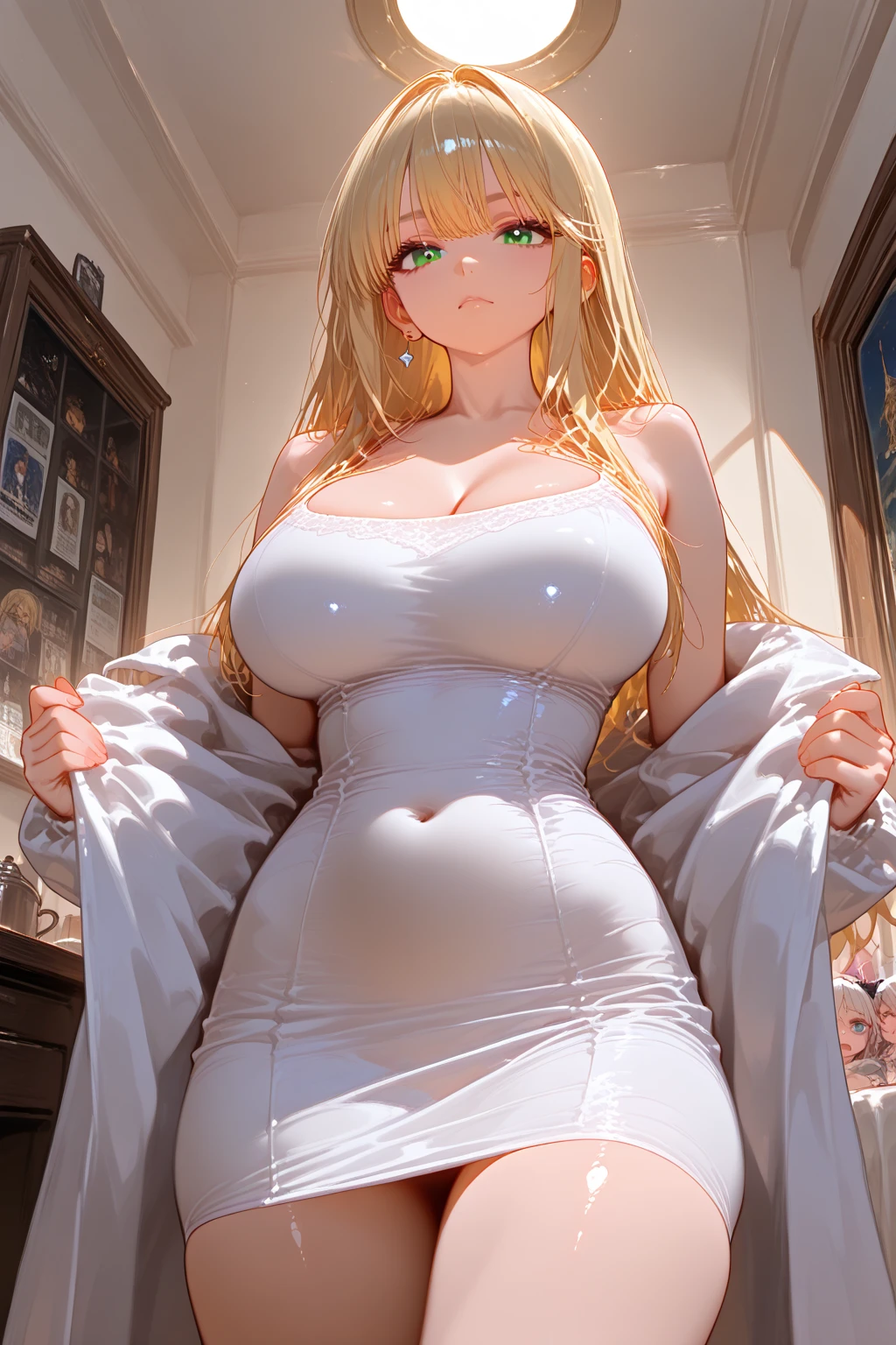 green eyes, masterpiece, best quality, clear face, blush, huge breasts , white dress,
 blonde hair, absurdly long hair, standing, head to thighs, extremely detailed delicate fine,
 backlighting, sidelighting