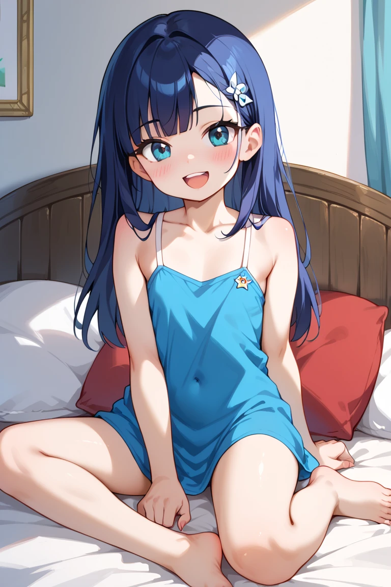small breasted girl, short, elementary school student, blue hair, long hair, blue eyes, round eyes, shy, shy, , short, young face, short height, , ,Lingerie Set,bed,bed,lying on back