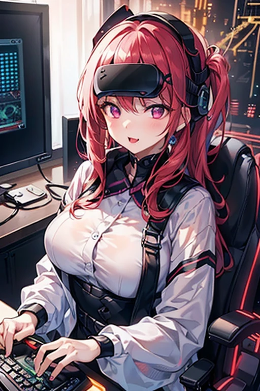 (masterpiece), (highest quality), (illustration), (super detailed), (high resolution), absurdity,1girl,solo,sakura futaba, persona, orange cat headphones,gaming chair,computer keyboard,desk,game controller,holding game controller,indoors,pink monitor,looking at screen,expressionless,mouth open,drool,empty eyes,mind control,hypnotized,blush,sitting,breasts expansion,big breasts,cleavage
