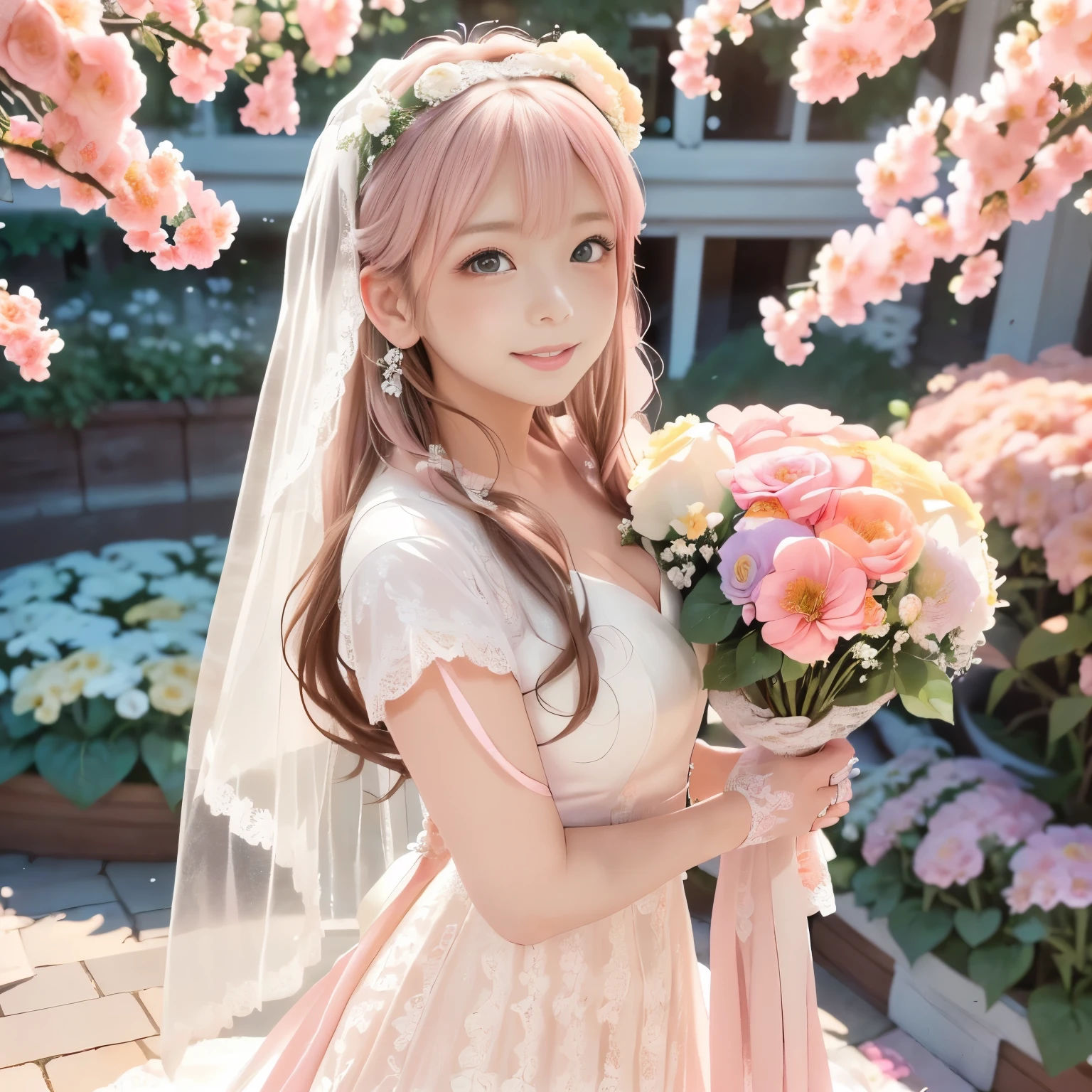 (masterpiece:1.5), (best quality:1.5), (ultra high res:1.4), (anime style:1.3), romantic wedding scene in a (beautiful outdoor garden:1.4), (full of blooming flowers:1.3), (bright daylight:1.3), (soft sunlight filtering through:1.2), a (tall elegant woman:1.3) in a (stylish black tuxedo:1.5), (tailcoat:1.3), short slightly messy hair, (gentle but confident expression:1.3), (holding her bride close from behind:1.4), (both looking at viewer:1.4), the bride in a (soft pastel pink flowing wedding dress with lace details:1.5), (long wavy hair:1.3), (wearing a flower crown:1.3), (blushing softly:1.3), both looking (happy and in love:1.4), (soft focus background:1.2), (depth of field:1.3), (warm dreamy atmosphere:1.4)