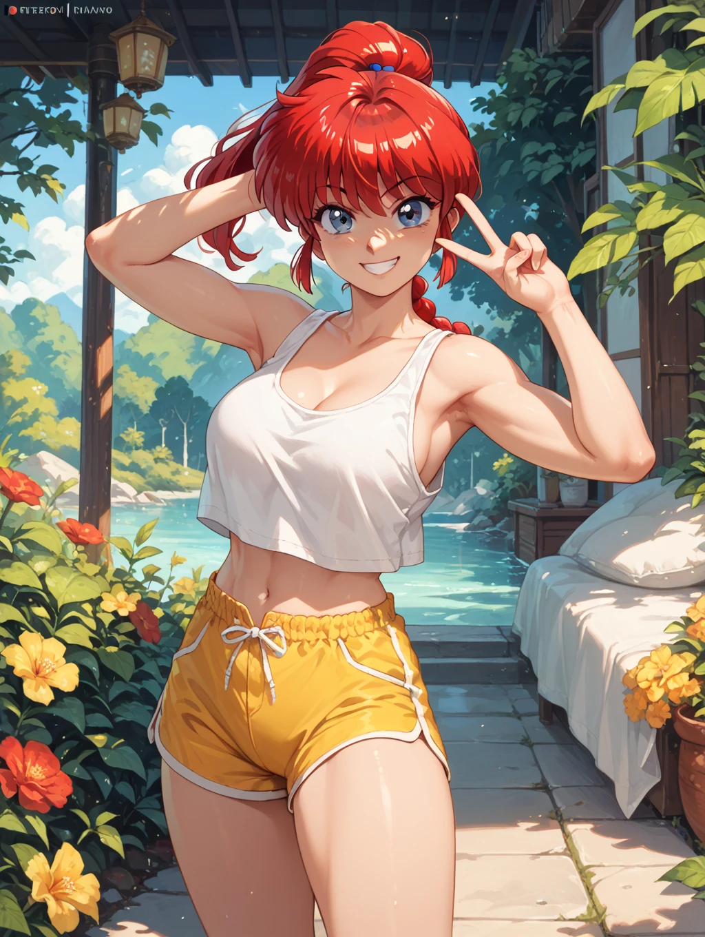 masterwork, high resolution, official art, unity 8k wallpaper, 1 girl, super detailed skin, strong light coming in, multicolored hair, sexy, standing, dynamic pose, looking the viewer, attractive, close up, 35mm, (small breats), ((empty hands)), ((open mini skirt)), graphic tattoos, cleavage, red crop top, no bra, light smile, in empty parc, (road:0.6), trees in background, flowers, sunny day, colorfull