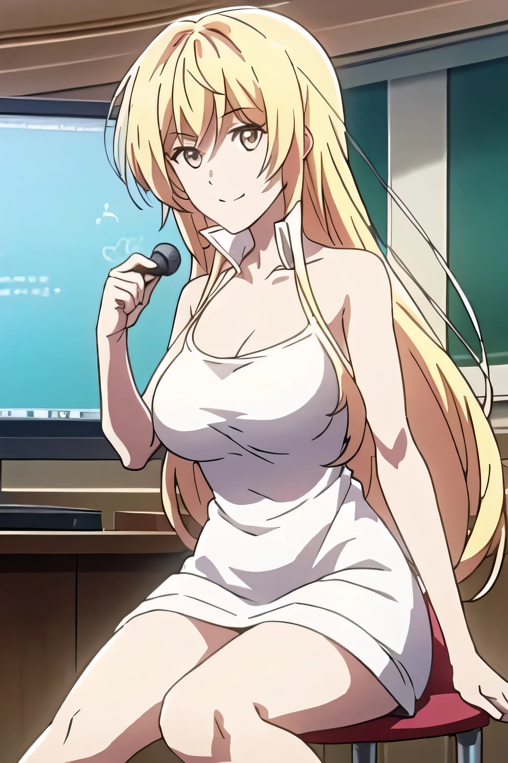 Can you draw a woman with long blond hair smiling and enjoying games,in plain clothes,draw a woman playing a live video game in the room,operating a controller with her hand while looking at the monitor,A woman with a microphone in her hand,in plain clothes,chairs in the classroom、facing the monitor on the table,facial expression is a top priority, so、don't crop your face,can you accurately draw details of my hands and feet,Alone,animated CG,