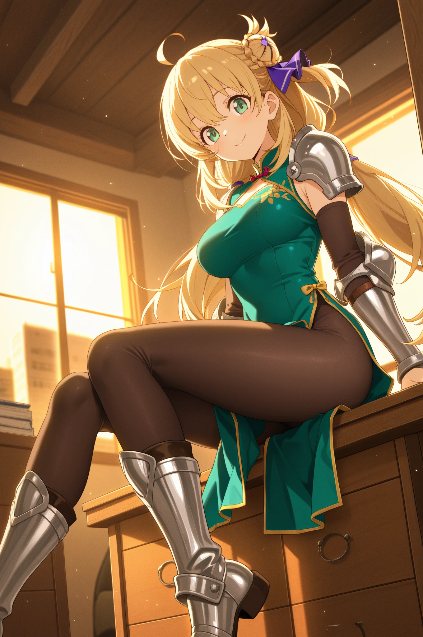 highest quality、complete limbs、one beautiful woman、(yellow-green hair woman:1.3)、long hair woman、ponytail woman、beautiful big breasted woman、big smile、female knight、(A woman wearing a yellow-green leotard:1.3)、((woman wearing black pantyhose))、((A woman equipped with full armor:1.5))、inside the cave、woman with serious face、((A woman brandishing a sword while running))