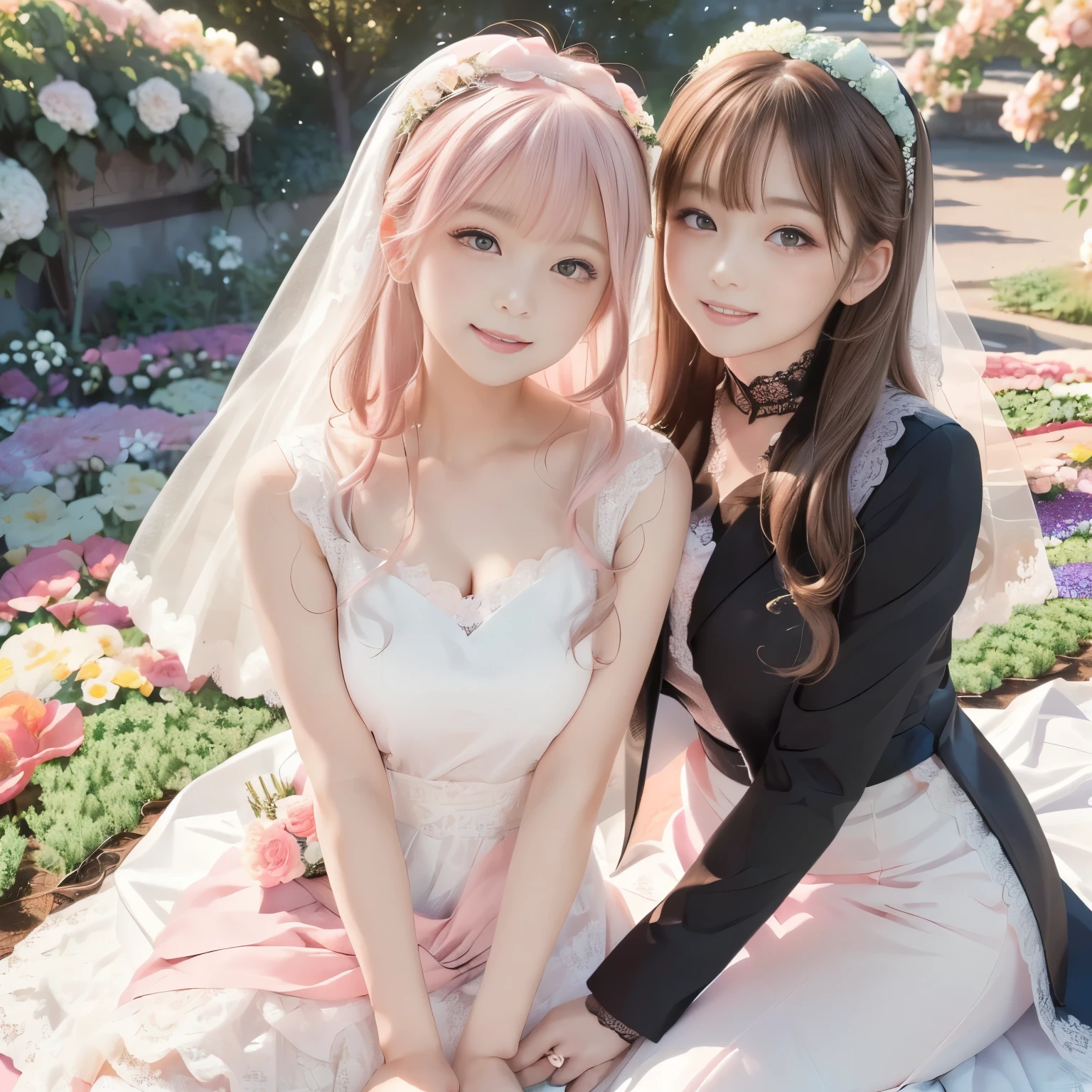 (masterpiece:1.5), (best quality:1.5), (ultra high res:1.4), (anime style:1.3), (two women:1.5), romantic wedding scene in a (beautiful outdoor garden:1.4), (full of blooming flowers:1.3), (bright daylight:1.3), (soft sunlight filtering through:1.2), one tall elegant woman in a (stylish black tuxedo:1.5), (tailcoat:1.3), short slightly messy hair, (gentle but confident expression:1.3), holding her bride close from behind, the bride in a (soft pastel pink flowing wedding dress with lace details:1.5), (long wavy hair:1.3), (wearing a flower crown:1.3), (blushing softly:1.3), (both looking at viewer:1.4), both looking (happy and in love:1.4), (soft focus background:1.2), (depth of field:1.3), (warm dreamy atmosphere:1.4)