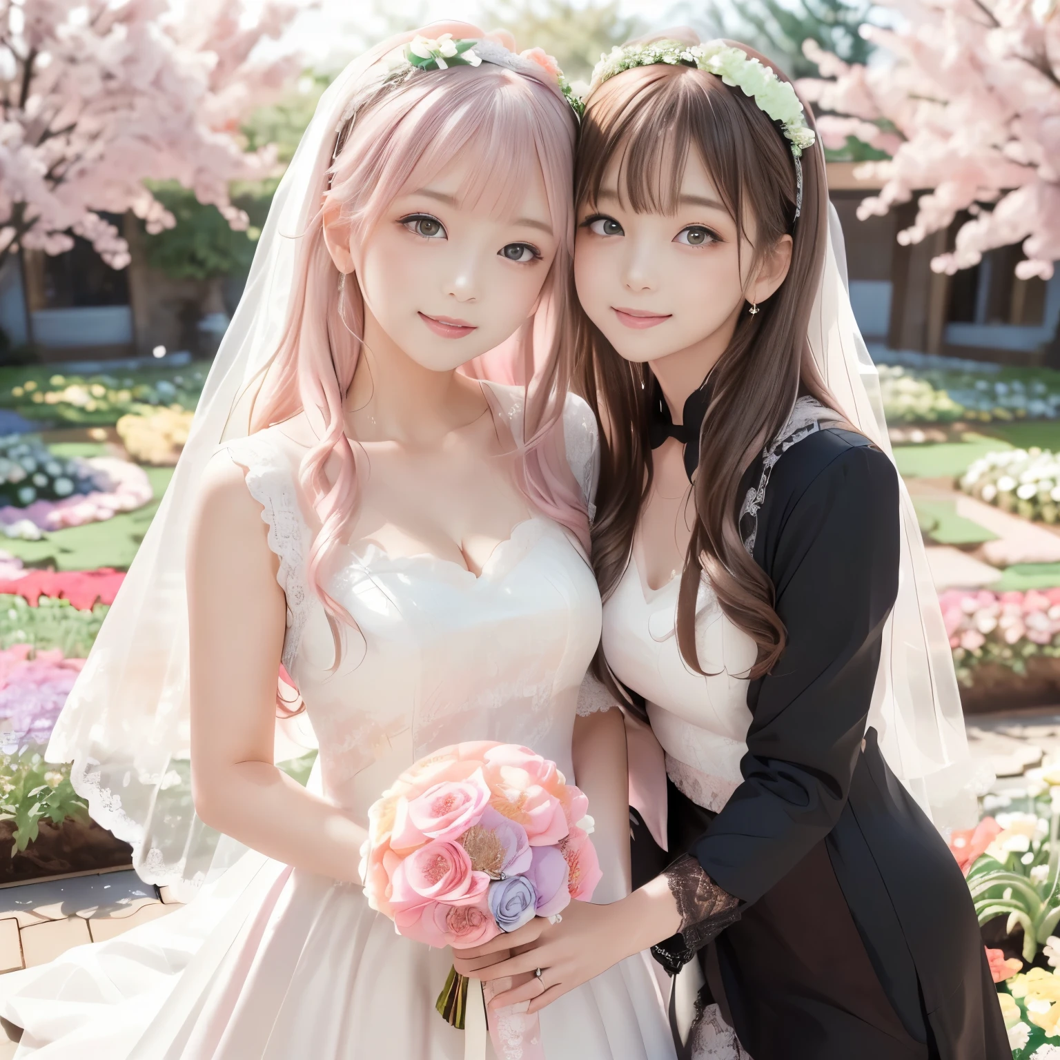 (masterpiece:1.5), (best quality:1.5), (ultra high res:1.4), (anime style:1.3), (two women:1.5), romantic wedding scene in a (beautiful outdoor garden:1.4), (full of blooming flowers:1.3), (bright daylight:1.3), (soft sunlight filtering through:1.2), one tall elegant woman in a (stylish black tuxedo:1.5), (tailcoat:1.3), short slightly messy hair, (gentle but confident expression:1.3), holding her bride close from behind, the bride in a (soft pastel pink flowing wedding dress with lace details:1.5), (long wavy hair:1.3), (wearing a flower crown:1.3), (blushing softly:1.3), (both looking at viewer:1.4), both looking (happy and in love:1.4), (soft focus background:1.2), (depth of field:1.3), (warm dreamy atmosphere:1.4)