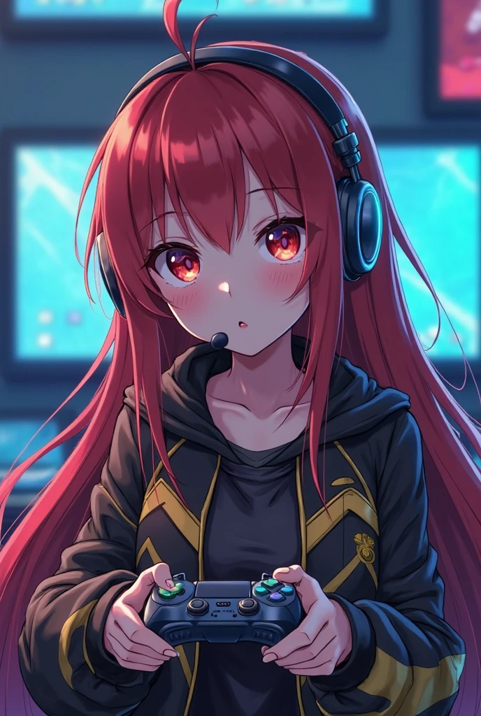 (masterpiece), (highest quality), (illustration), (super detailed), (high resolution), absurdity,1girl,solo,sakura futaba, persona, orange headphones,gaming chair,computer keyboard,desk,game controller,holding game controller,indoors,monitor,looking at screen,expressionless,mouth open,drool,empty eyes,mind control,hypnotized,blush,sitting