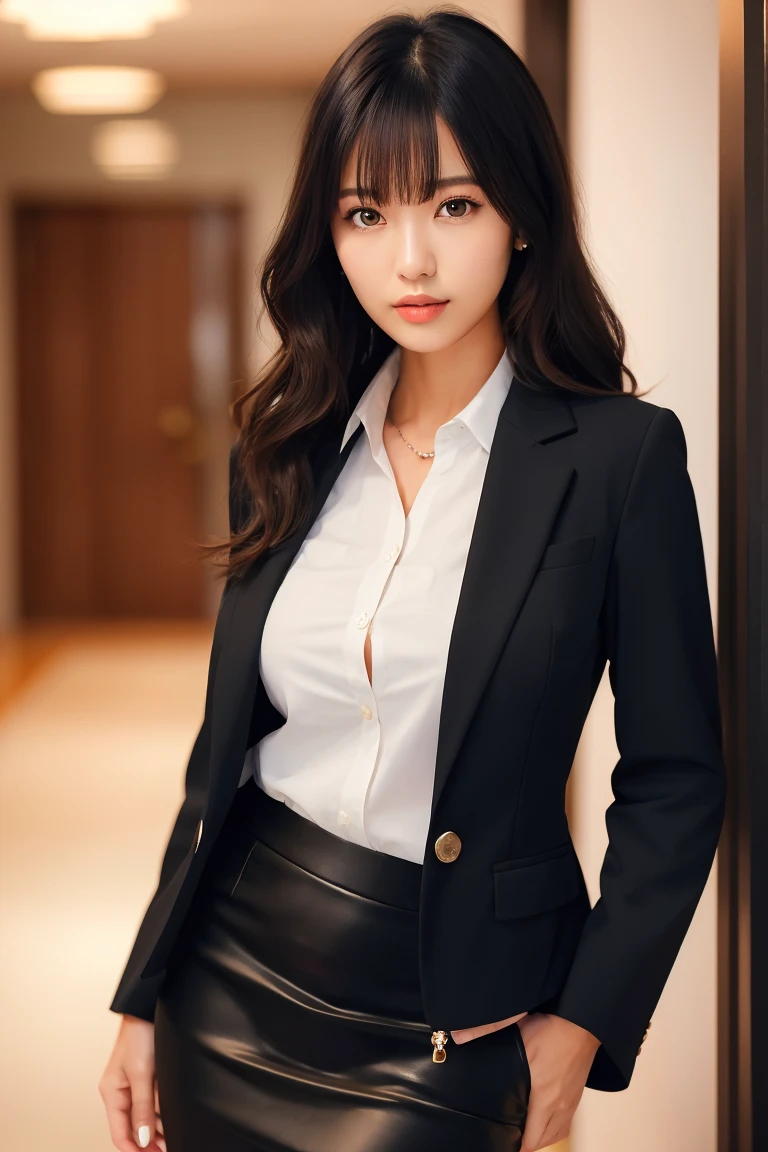 (1girl in), Beautiful, Amazing face and eyes, makeup, (extremely detailed beautiful face), (The sexiest look), (Beautiful big breasts:1.1), (Best Quality:1.4), (Ultra-detailed), (extremely detailed CG unified 8k wallpaper), Highly detailed, RAW Photos, Professional Photography, ((Business Suit)), (Tight skirt), (Business shirt with open), Outdoors, (Business District, nightcity, illuminations), (nigh sky), depth of fields,