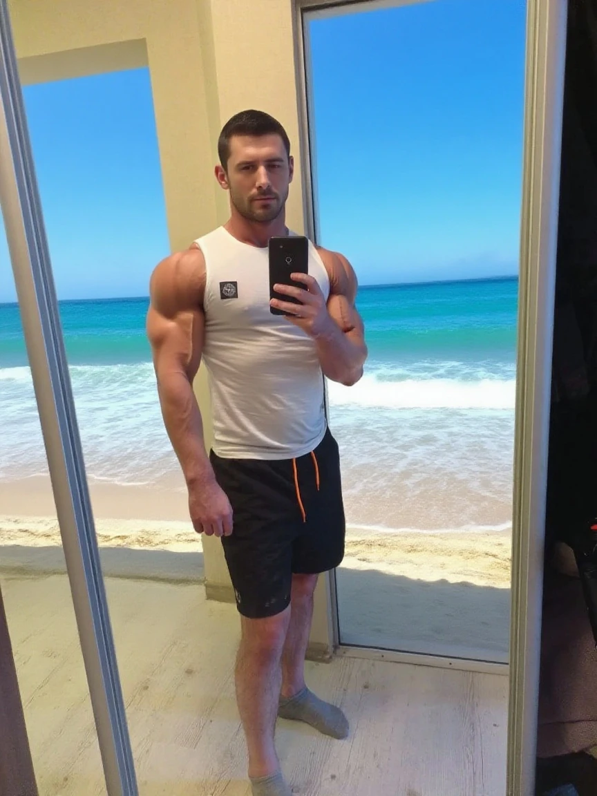 Masterpiece, denoise, void noise, one man, best quality, 8k resolution, male focus, focus only, amazing composition, volumetric lighting, super quality, elegant, Very detailed, front view, -----------, 35 years old, mature face, muscular, (((Caucasian white man, white skin:1.5, pale skin))), handsome, (detailed light-blue eyes), ((dark black hair, messy medium hairstyle)), big ears, (extream hairy body:1.7), (medium long beard), (((((Jim Sturgess mixed with Russell Tovey))))), (((big pink nipples:1.4))), (((perky nipples:1.4))), ------------, ((((detailed shorts)))), ((((shirtless)))), ((((grabbing edge like taking picture)))), (((looking at viewer:1.3))), ((((in front of viewer)))), (((kneeling down in the sea))), (((wet))), (((happy)))