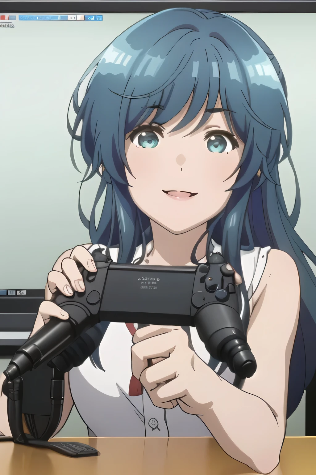 can you draw the live video game,drawing a woman with game controllers in both hands,Smile Yan,wearing a pin microphone,drawing a woman playing a live game in a room,operating a controller while looking at the monitor,Woman with a controller in her hand,in plain clothes,chair、facing the monitor on the table,Facial expression comes first, So、don't cut off her face,can you draw the details of my hands and feet accurately operating the controller with my hands while looking at the monitor {x} can you accurately draw the details of my hands and feet operating the controller with my hands while looking at the monitor,Alone,animated CG,