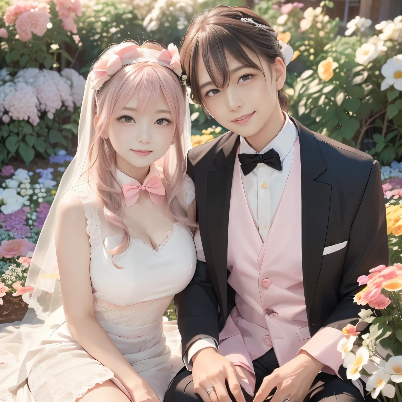 (masterpiece:1.5), (best quality:1.5), (ultra high res:1.4), (anime style:1.3), (two women:1.5), romantic wedding scene in a (beautiful outdoor garden:1.4), (full of blooming flowers:1.3), (bright daylight:1.3), (soft sunlight filtering through:1.2), one tall elegant woman in a (black formal tuxedo suit:1.6), (white dress shirt:1.4), (bow tie:1.4), (waistcoat:1.3), short slightly messy hair, (gentle but confident expression:1.3), holding her bride close from behind, the bride in a (soft pastel pink flowing wedding dress with lace details:1.5), (long wavy hair:1.3), (wearing a flower crown:1.3), (blushing softly:1.3), (both looking at viewer:1.4), both looking (happy and in love:1.4), (soft focus background:1.2), (depth of field:1.3), (warm dreamy atmosphere:1.4)