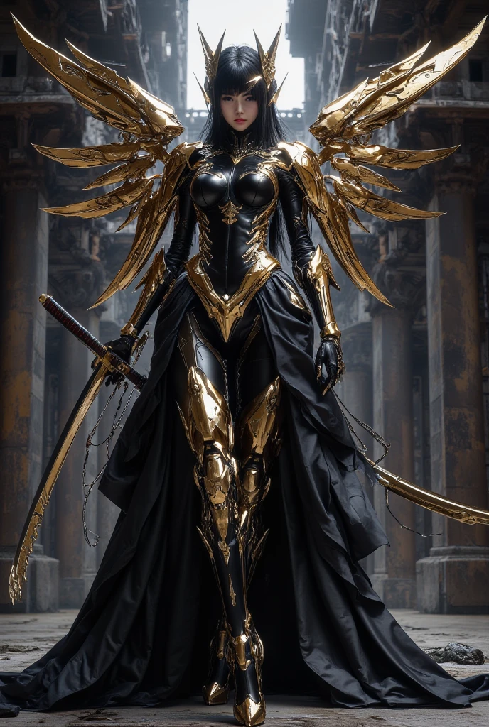 (medium full shot) of (esthetic demon with Razor-sharp black wings resembling obsidian blades) young woman, willowy build, long dark hair, south african, dark skin, red eyes, wearing hooded cowl, Gilded demon armor with a plated bodice, metallic pants, spiked boots, serrated pauldrons flowing cloak, wielding a serrated hell axe,  set in  Forgotten Mausoleum, Shadowy interior with cracked stained glass windows, cobweb-covered statues lining the walls, flickering candlelight casting eerie shadows, a musty smell of decay lingering in the air , at sunset, ,Masterpiece,best quality, raw photo, realistic, very aesthetic