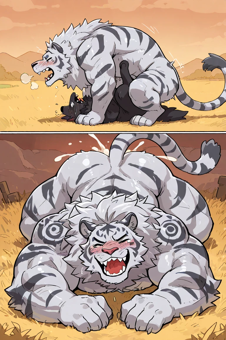 Male, furry,( tiger tail), Simple gray and white (border) background(gray,white,1:2), muscle, close-up anus view, (ass short distance), anus that's been fucked a hundred times and sloppy, Black tank top, Black Fingerless Gloves, pleasant expression, (sigh), dumbfounded look on one's face, stoop low, anus focus, large penis,(balls are drawn forward.), excessive big anus, pre-butt, legs, big balls, excessive motion lines, (trembling), anus steam, sweat, pre-Butt (line of movement) (shudder), ((The letters "AHH...")), loose anus after being fucked, anus sphincter muscle loosened and spread anus, excessive cum in anus,  Mountain(Arknights), Tiger tail, muscular, ample ass. detailed face, detailed expression, detailed eyes, by null-gosht