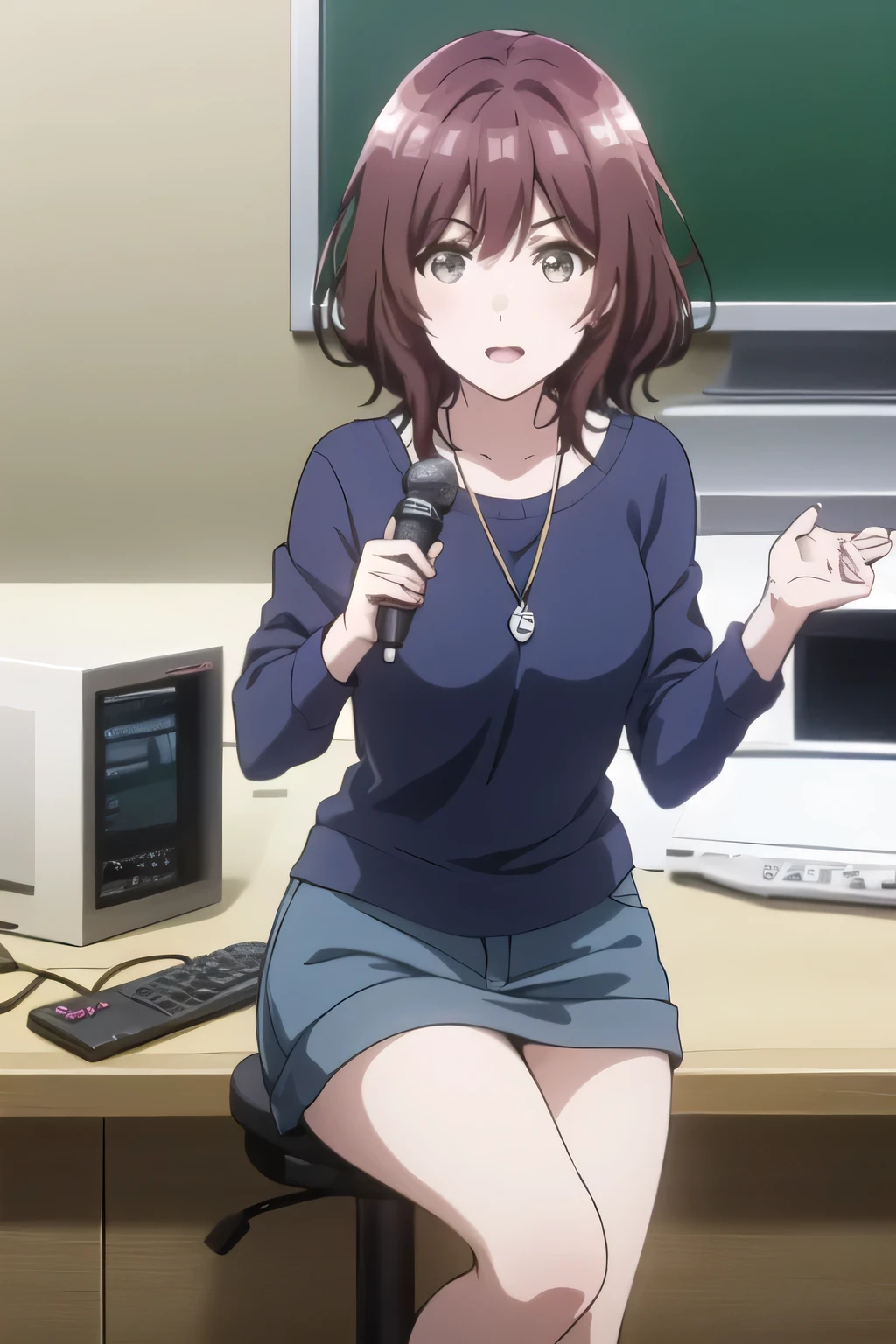 can you draw a brown-haired shorthair woman playing a live video game,can you draw a live video game,draw a woman holding a game controller in both hands,Smile Yang,A pin microphone is attached,drawing a woman playing a live game in a room,operate the controller while looking at the monitor,A woman holding a controller,in plain clothes,chairs、facing the monitor on the table,Facial eXpression comes first, So、don't cut off her face,operate the controller with your hands while looking at the monitor Can you draw accurate hand and foot details {x} can you draw hand and foot details by accurately operating the controller with your hands while looking at the monitor {X} operate the controller while looking at the monitor手足のディテールを正確に描けますか,Alone,animated CG,