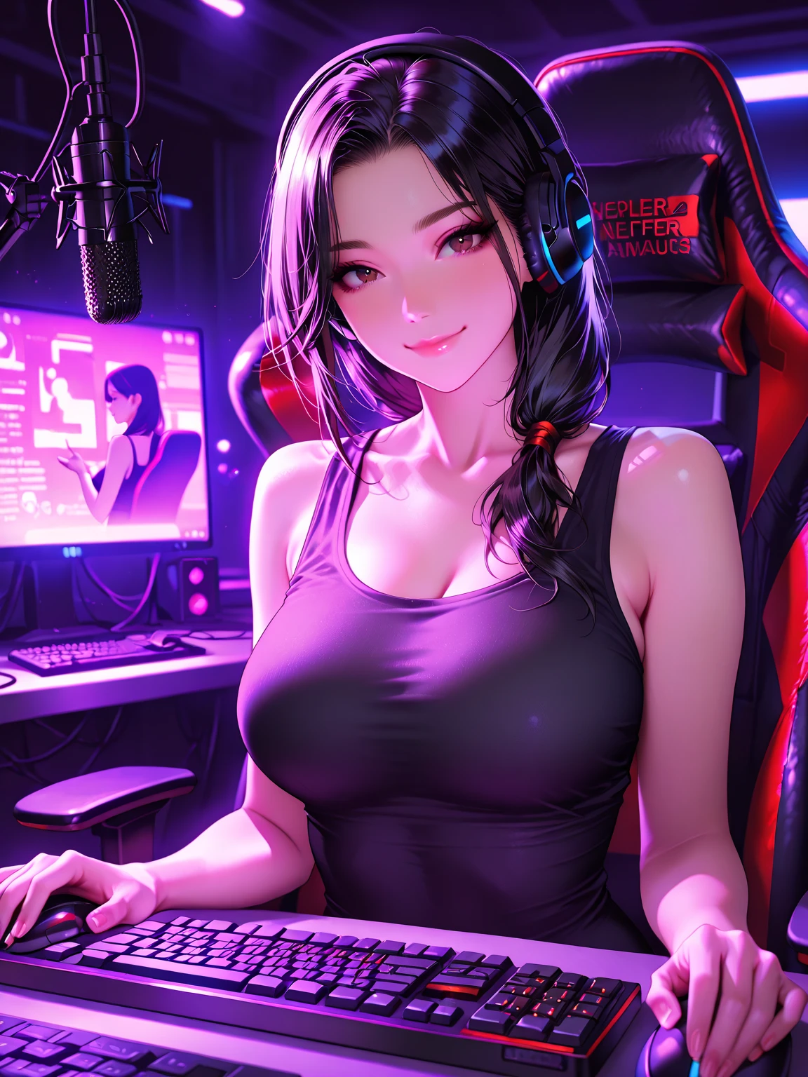 Neon gamer girl at pc gaming event, , line art style, intricate, cute & adorable, art by makoto shinkai, pov facing, perfectly formed pretty faces, anatomically correct, golden ratio, , Pixar , Cel shaded, Full body portrait, divine, illustration, soft lighting, lush detail, elegant, smooth, sharp , 3.5D , in style of Mark Brooks