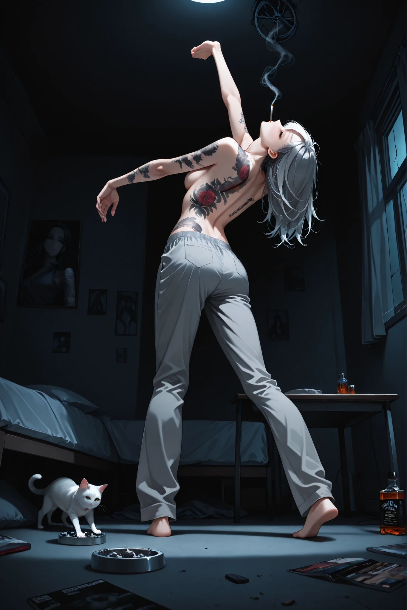 semi-realistic,alta calidad,A room on the 2nd floor of an apartment where the morning sun comes in,(dark room:1.4),(illuminate from the background:1.3),ruined apartment,(A simply furnished room,underwear, clothes and magazines scattered on the floor),Single bed with tube,kitten,(a bottle of whiskey and an ashtray with glasses and cigarette butts on a low glass table),alta calidad,Back view, remote low angle shot, character as part of land,ginebra1,Woman standing tiptoe in front of a window and stretching out her back,arched back and small head back, stretch, kana01,1 adult woman, gray pajama pants,crack in the , , shirtless,(lots of tattoos on the back and upper arm:1.2),gray monochrome floral tattoo,Smoking,