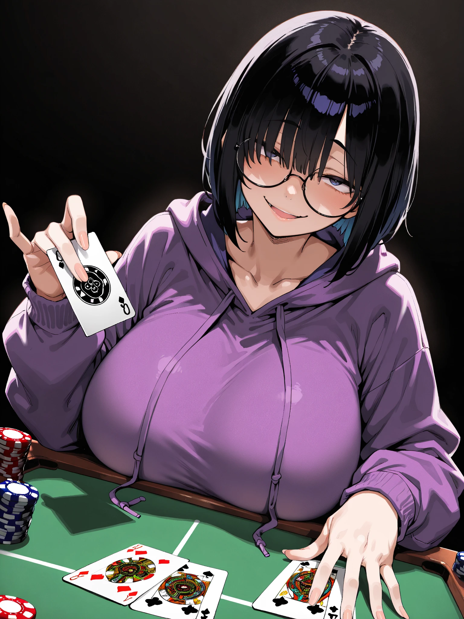 (casino card table:1.1), (poker chip), (1girl), (solo), (black hair:1.1), (braid:1.1), (glasses), (purple eyes), (:d), (huge breast), (Intricate Iris Details), (Work clothes), (Long sleeves), (long pants), (Cleavage)