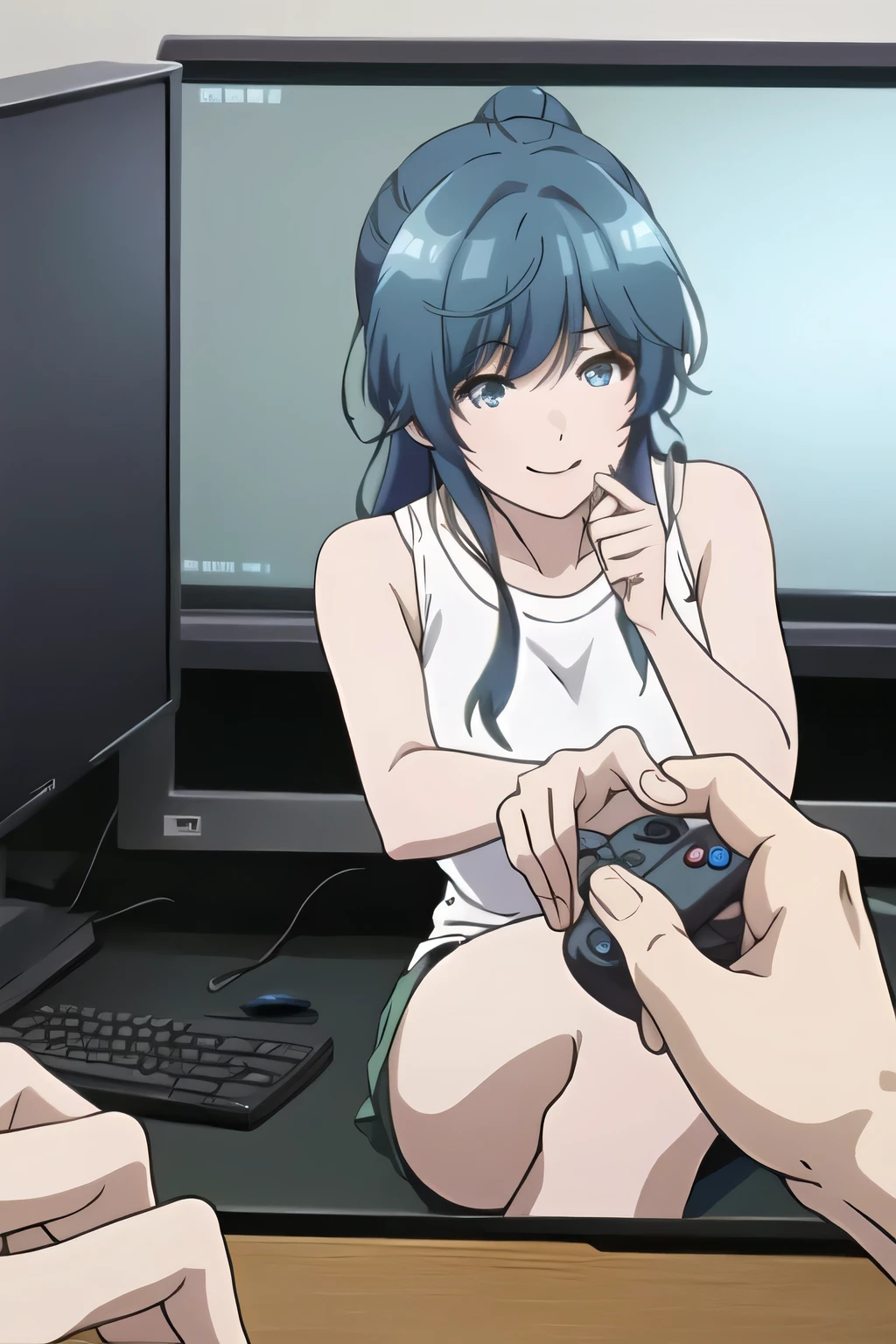 can you draw a live video game,draw a woman holding a game controller in both hands,Smile Yang,A pin microphone is attached,drawing a woman playing a live game in a room,operate the controller while looking at the monitor,A woman holding a controller,in plain clothes,chairs、facing the monitor on the table,Facial eXpression comes first, So、don't cut off her face,operate the controller with your hands while looking at the monitor Can you draw accurate hand and foot details {x} can you draw hand and foot details by accurately operating the controller with your hands while looking at the monitor {X} operate the controller while looking at the monitor手足のディテールを正確に描けますか,Alone,animated CG,can you draw hand details more accurately,