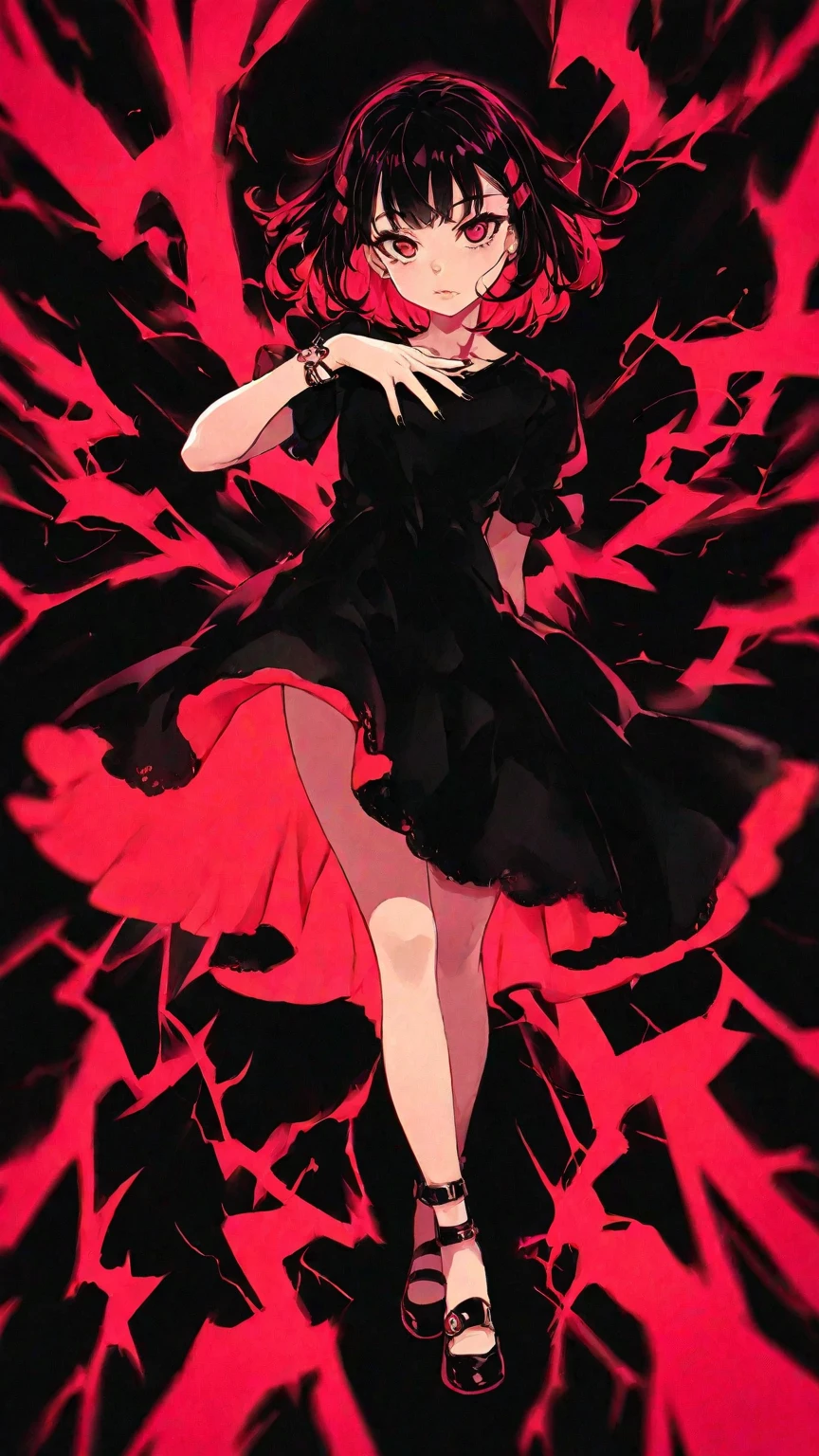 Crazy red eyes laughing Yandere Crazy anime girl. Looking. Short hair. Red hair. Full body, black background.
