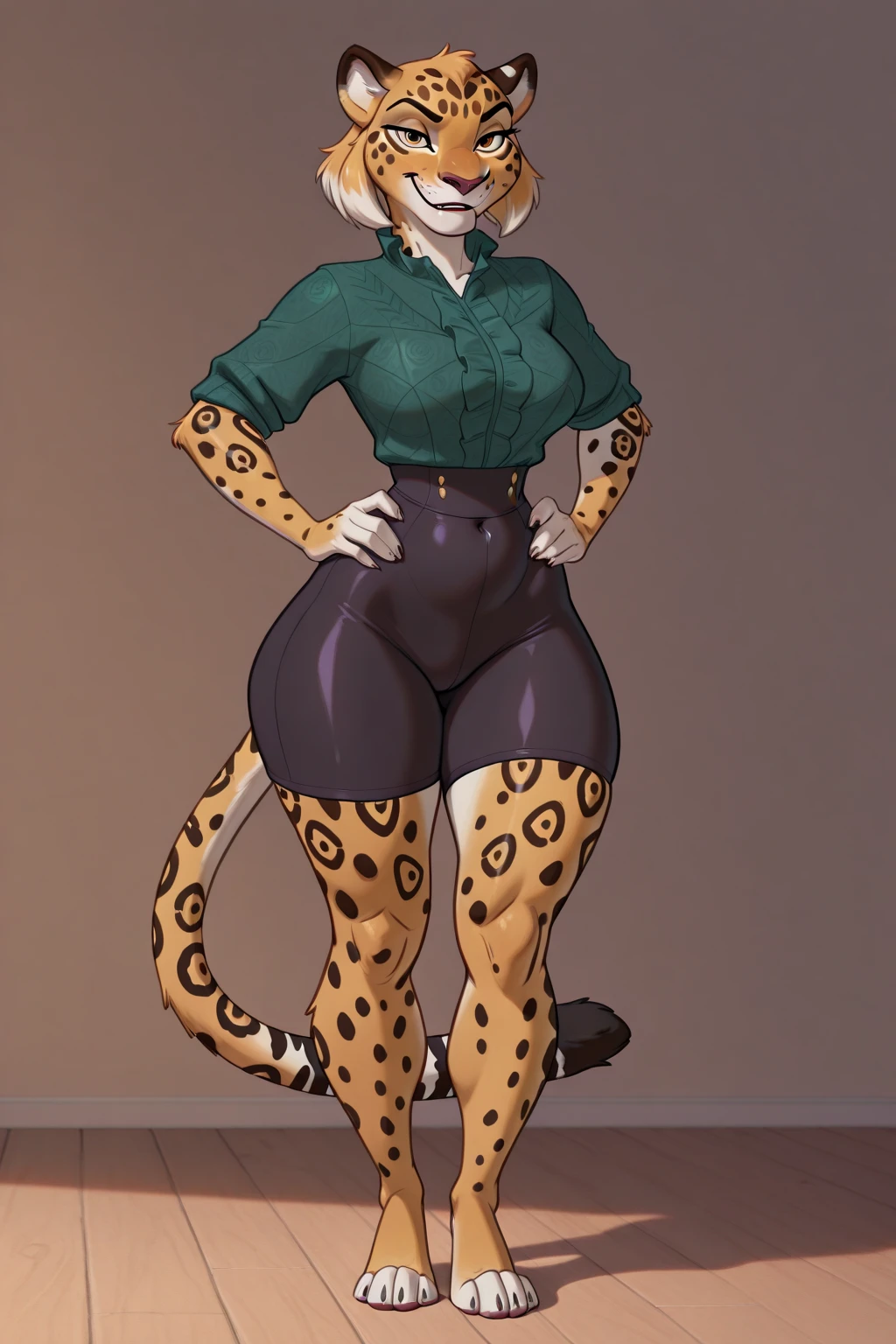 Solo, female, fat, cheetah, golden yellow, golden yellow cheetah, cheetah in underwear, black underwear, cheetah ears, from back, back view, posing, with long tail, tail, cheetah tail, cheetah, cheetah tail, anatomy, good anatomy, fat anatomy, fat female anatomy, fat body, ((focus body, furry focus, shadows focus, body shadows)) fat body, standing, posing, model, light, shades, 4k, high quality (((gray background, gray wallpaper, one color))), by darkgem, by mystikfox61, Female cheetah, fat, fat belly, fat thighs, fat arms, lovehandles, big breasts, silver eyes, golden yellow fur, black cheetah markings, silver earrings, silver bracelets, silver rings, silver necklaces